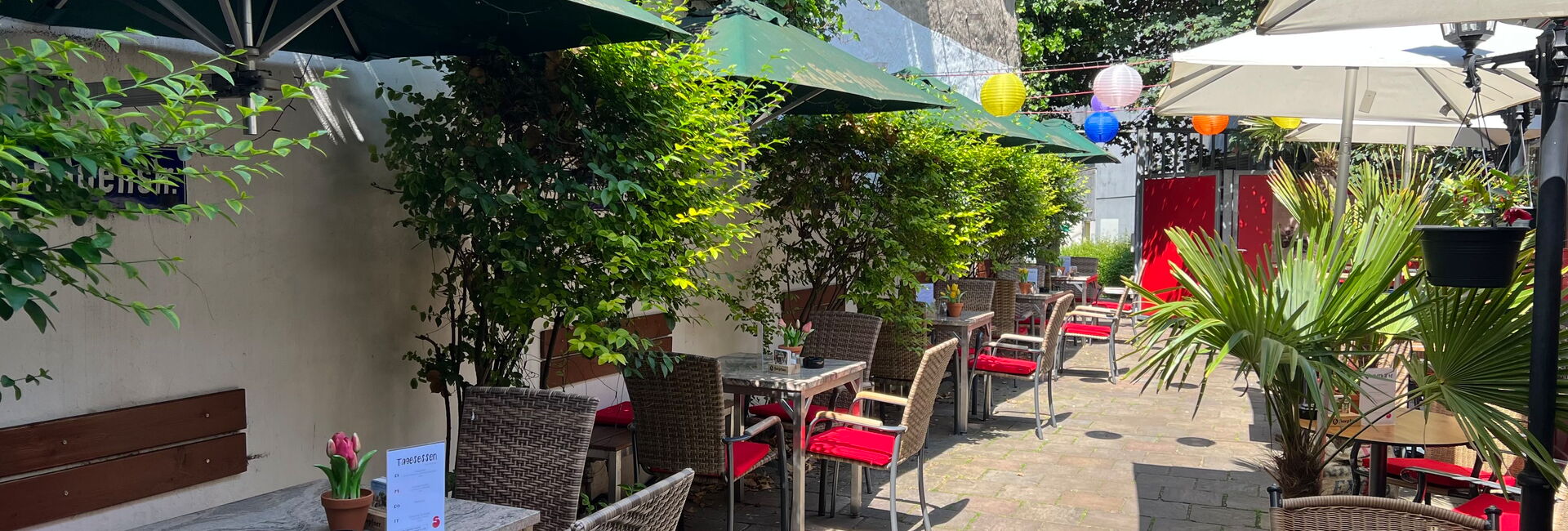 Blick in den sonnigen, gemütlichen Biergarten des Stövchens